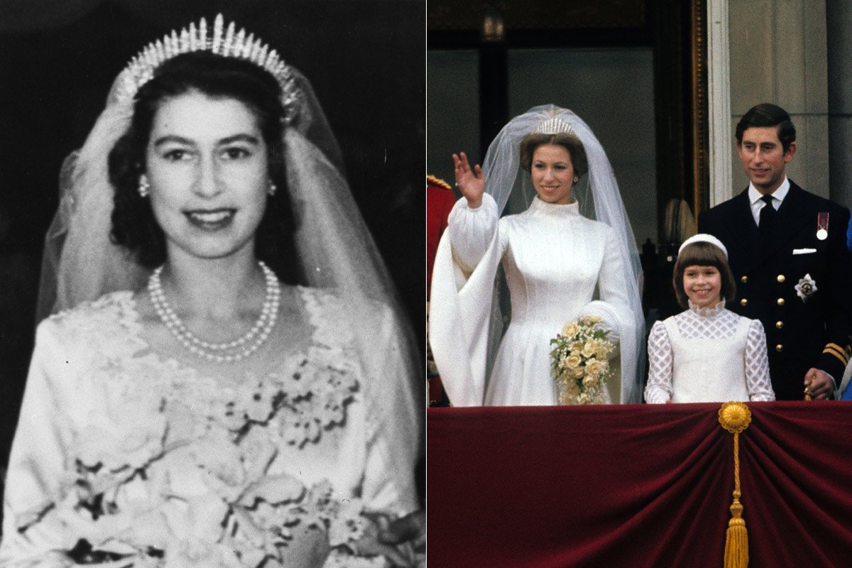 La reina Isabel II y la princesa Ana, cada una en sus respectivas bodas con la Tiara Fringe. Foto vía Hola.