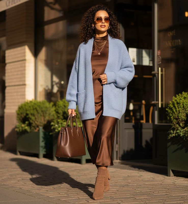 Look azul celeste con marrón, ¡poderoso!