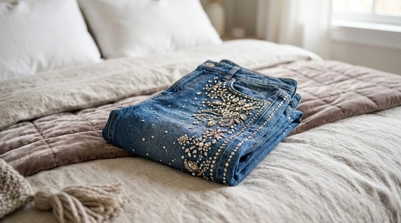 Estilo Y2K renovado con mezclilla decorada