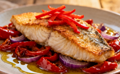 Filete de pescado al horno sobre cama de pimentones y cebollas moradas - cocina saludable