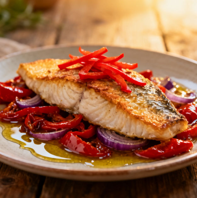 Filete de pescado al horno sobre cama de pimentones y cebollas moradas - cocina saludable