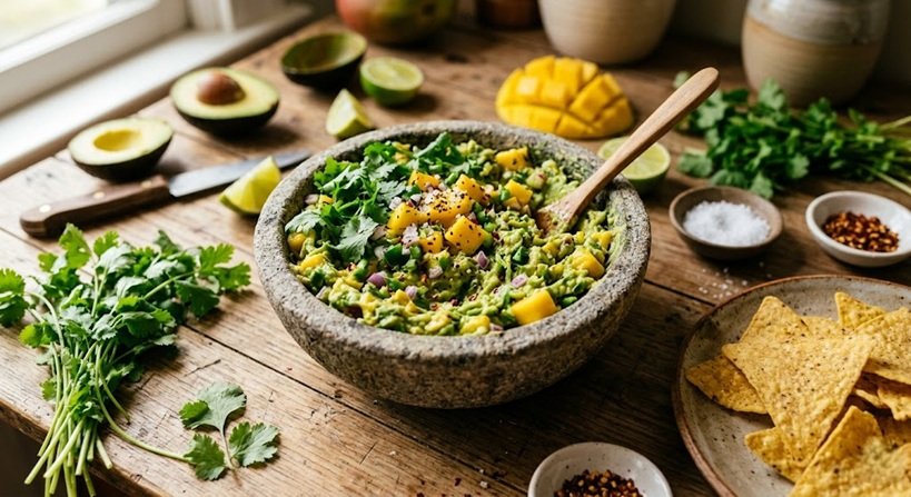 Guacamole rústico con mango y cilantro fresco
