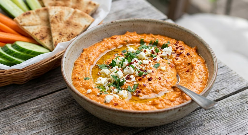 Salsa de queso feta, pimientos asados y un toque de chile