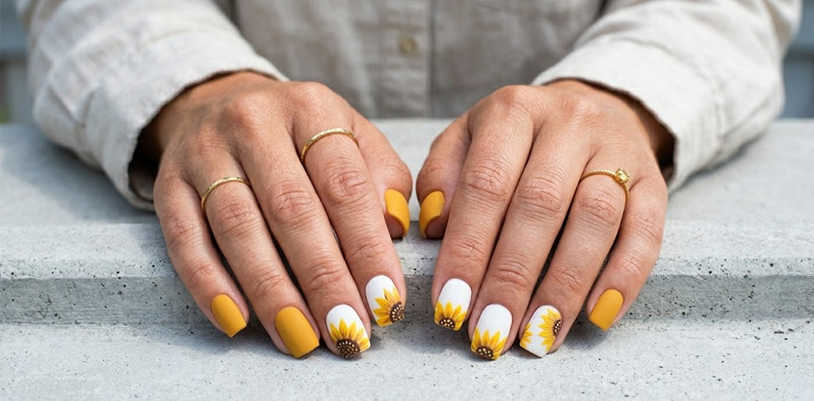 Uñas decoradas con girasoles