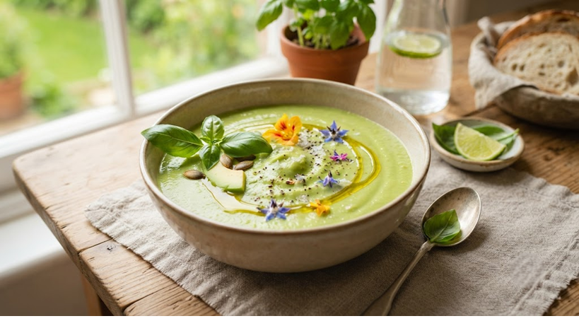 Crema fría de aguacate y albahacaCrema fría de aguacate y albahaca