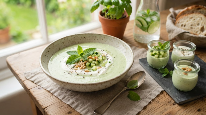 Sopa fría de pepino, yogur griego y menta